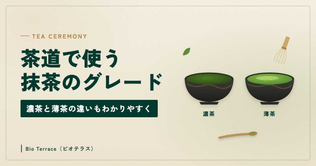 茶道で使う抹茶のグレード（濃茶と薄茶の茶碗、茶筅と茶杓のイラスト）