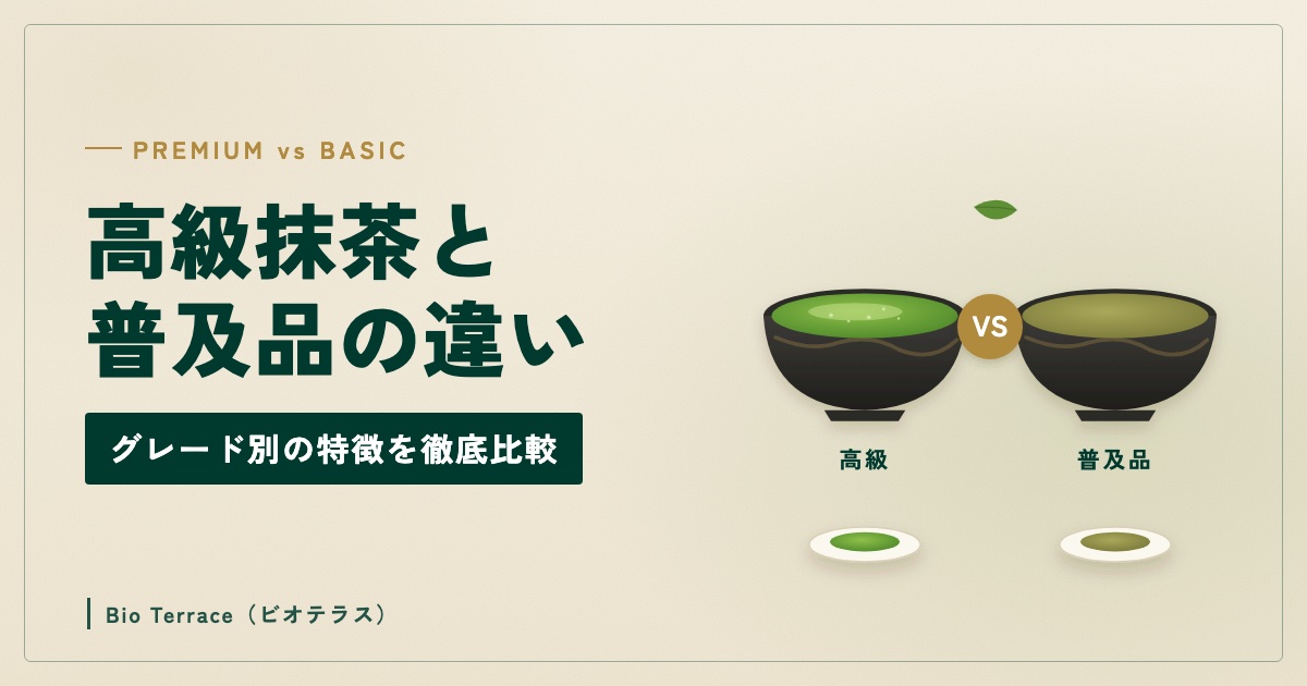 高級抹茶と普及品の違い（色の鮮やかな高級抹茶と、くすんだ色の普及品の茶碗を比べたイラスト）